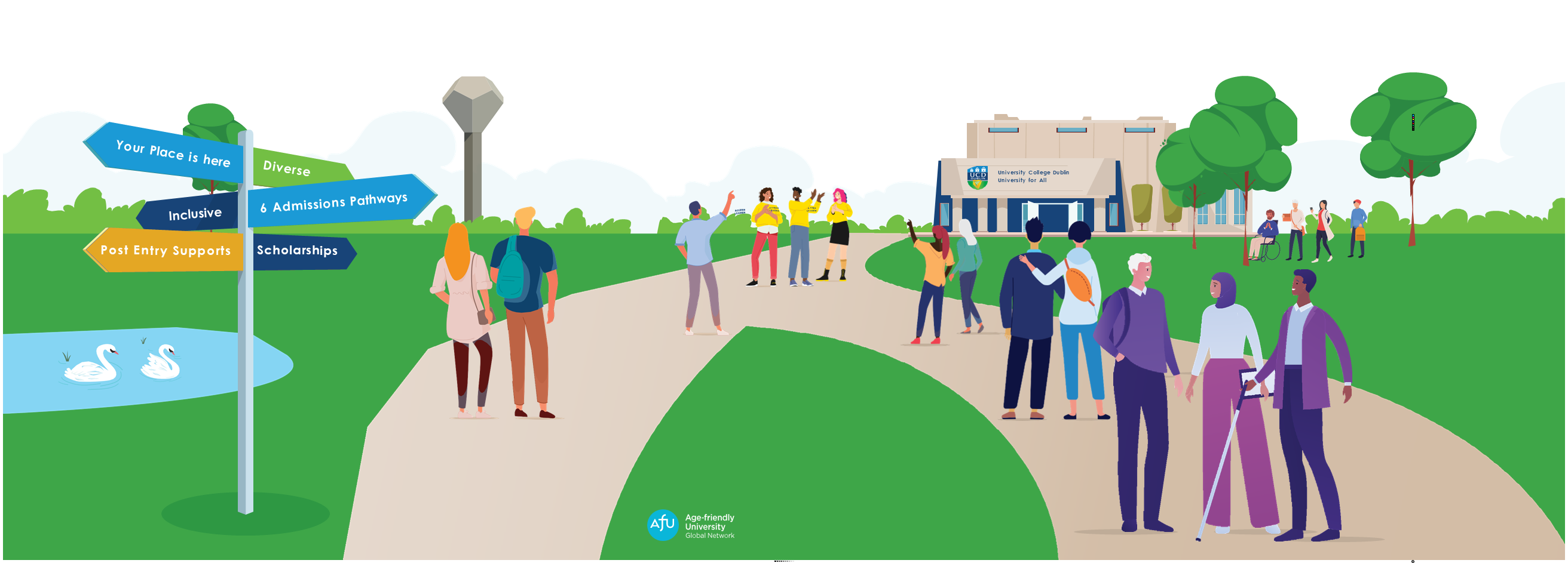 Drawing of a university campus with a diversity of staff and students